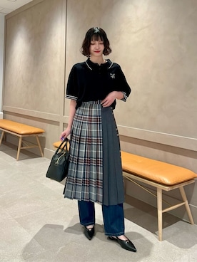 「To b. by agnes b.（トゥービーバイアニエスベー）の＜To b. by agnes b.コラボ＞ポロニット（ニット/セーター、ブラック系）」を使った、上田（ueda）さん（レディース・165cm）の夏コーディネート