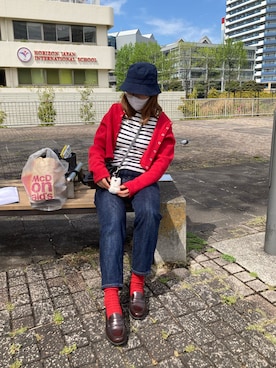 「red」｜「アイテム（帽子）」を使った、Hanさん（レディース・155cm）の春コーディネート