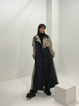 「フェイクレザー」｜「アイテム（トレンチコート）」を使った、谷川菜奈さん（レディース・153cm）の秋コーディネート