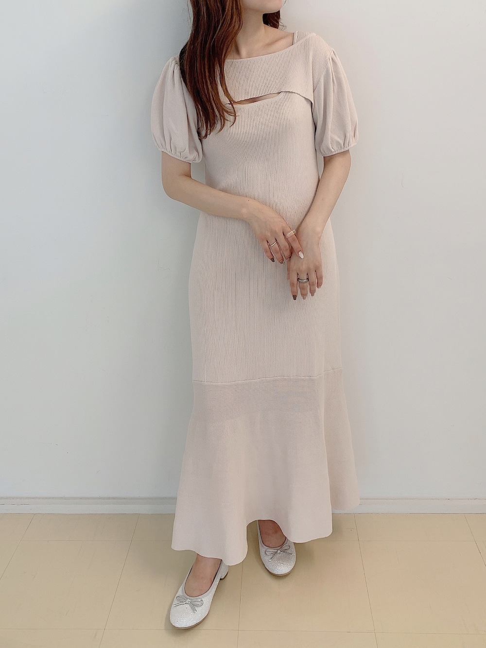 「ワンピース、ニットワンピース、今日のコーデ、大人コーデ、大人ガーリー、バレエシューズ、プチプラコーデ、着回しコーデ、大人かわいい、低身長」｜「one after another NICE CLAUPのフロント開きサマーニットアンサンブルワンピース（ワンピース、ピンク系）」を使った、ayakaさん（レディース・154cm）の夏コーディネートの1枚目の写真