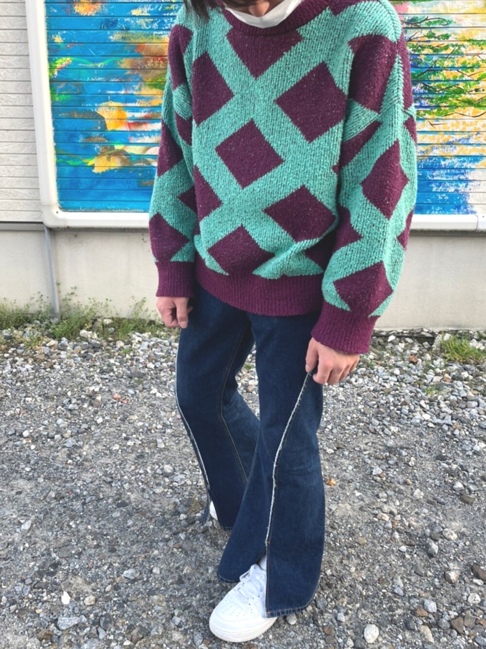 「おしゃれさんと繋がりたい」｜「LITTLEBIGのアイテム（ニット/セーター、パープル系）」を使った、Kさん（メンズ・173cm）の春コーディネートの1枚目の写真