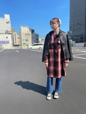 「シャツワンピ」｜「アイテム（ライダースジャケット）」を使った、ｍａｙｕｋｏさん（レディース・165cm）の秋コーディネート