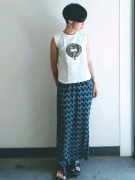 「BEAMS BOY（ビームスボーイ）のGOOD ROCK SPEED / カレッジ ノースリーブ Tシャツ（Tシャツ/カットソー、ホワイト系）」を使った、裕輔さん（レディース・161cm）の夏コーディネート