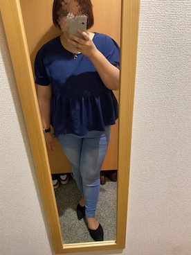 「SHEINのアイテム（シャツ/ブラウス、ブルー系）」を使った、ふとっちょさん（レディース・163cm）の春コーディネート