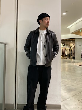 「秋」｜「アイテム（ライダースジャケット）」を使った、TAKEさん（メンズ・170cm）の秋コーディネート