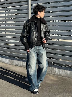 「WYM LIDNM（ウィム バイ リドム）のVINTAGE WASHED CURVED DENIM（デニムパンツ）」を使った、kenさん（メンズ・175cm）の冬コーディネート