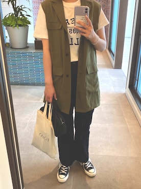「H&M（エイチ・アンド・エム）のアイテム（Tシャツ/カットソー、ホワイト系）」を使った、YU♡さん（レディース・158cm）の夏コーディネート