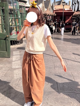 「アイテム（パンツ、イエロー系）」を使った、aruさん（レディース・162cm）の秋コーディネート