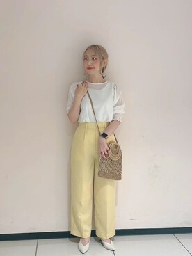 「Te chichi（テチチ）のラタン丸ハンドルペーパーショルダーバッグ（ショルダーバッグ）」を使った、まさこさん（レディース・157cm）の春コーディネート