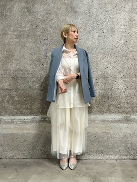 「刺繍」｜「アイテム（ノーカラージャケット）」を使った、まさこさん（レディース・157cm）の春コーディネート