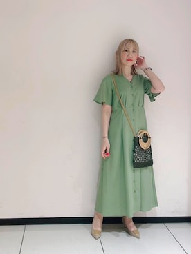 「Te chichi（テチチ）のラタン丸ハンドルペーパーショルダーバッグ（ショルダーバッグ）」を使った、まさこさん（レディース・157cm）の春コーディネート