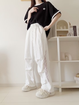 「Nana（ナナ）のダブルラインワッフルオーバーTシャツ（Tシャツ/カットソー、ブラック系）」を使った、ゆっきさん（レディース・162cm）の夏コーディネート