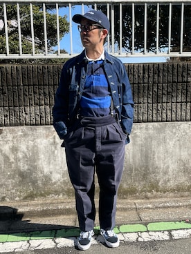 「アイテム（スラックス、ブルー系）」を使った、k2106さん（メンズ・175cm）の冬コーディネート