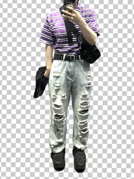 「Bershka（ベルシュカ）のアイテム（スニーカー、ブラック系）」を使った、まんじゅうこわいさん（レディース・152cm）の秋コーディネート