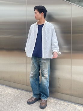 「ITEMS URBANRESEARCH（アイテムズ アーバンリサーチ）のジオメレースレギュラーカラーシャツ（シャツ/ブラウス、ホワイト系）」を使った、翼さん（メンズ・168cm）の春コーディネート