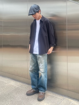 「ITEMS URBANRESEARCH（アイテムズ アーバンリサーチ）のヨウリュウレギュラーカラー長袖シャツ（シャツ/ブラウス、ブラック系）」を使った、翼さん（メンズ・168cm）の春コーディネート
