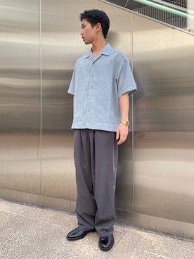 「ITEMS URBANRESEARCH（アイテムズ アーバンリサーチ）の『吸水速乾/イージーケア』リネンブレンド高機能半袖コーチシャツ（シャツ/ブラウス、ブルー系）」を使った、翼さん（メンズ・168cm）の夏コーディネート