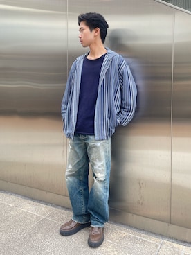「ITEMS URBANRESEARCH（アイテムズ アーバンリサーチ）のマルチストライプレースオープンカラーシャツ（シャツ/ブラウス、ブルー系）」を使った、翼さん（メンズ・168cm）の春コーディネート