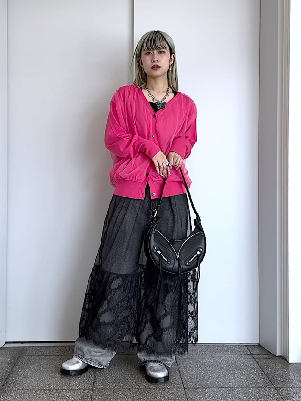 eL（エル）の「【eL】12G Tulle Docking Cardigan/104564