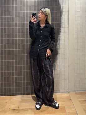 「eL（エル）の【eL】Made in India Stripe Pants/645472（其他裤装、ブラック系）」を使った、あゆねさん（レディース・164cm）の春コーディネート