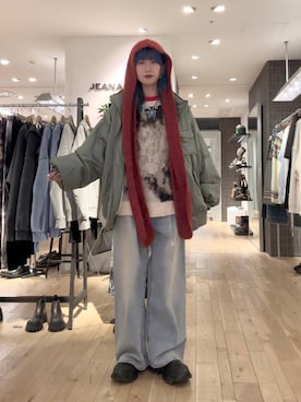 「JEANASIS（ジーナシス）のフードツキニットストール/599045（ストール/ショール）」を使った、あゆねさん（レディース・164cm）の秋コーディネート