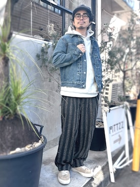 「アイテム（キャップ、グレー系）」を使った、別宮聖一 ( ベックセイイチ )さん（メンズ・169cm）の冬コーディネート