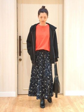 「DRESKIP（ドレスキップ）の【S-LL】大人っぽく着られる ダンボールジップパーカ（カーディガン/ボレロ、ブラック系）」を使った、massuさん（レディース・158cm）の秋コーディネート