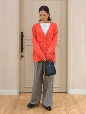 「DRESKIP（ドレスキップ）の【洗える】もちもち ミドル丈ニットカーディガン（カーディガン/ボレロ、オレンジ系）」を使った、massuさん（レディース・158cm）の秋コーディネート