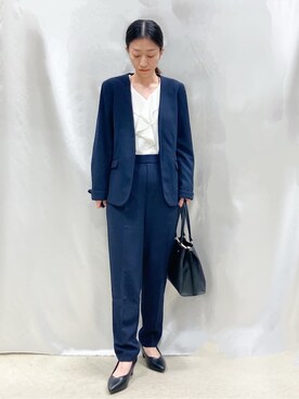「SHOO・LA・RUE（シューラルー）の【洗濯機可/セットアップ可/S-3L】きちんと楽に。カットジョーゼットノーカラージャケット（ノーカラージャケット、ブルー系）」を使った、thさん（レディース・152cm）の冬コーディネート
