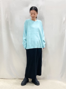 「SHOO・LA・RUE（シューラルー）の【洗濯機可/セットアップ可】さりげないラメ使いで差をつける クルーネックニット（ニット/セーター、グリーン系）」を使った、thさん（レディース・152cm）の冬コーディネート