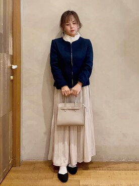 「SHOO・LA・RUE（シューラルー）の◆【通勤/セレモニー】女性らしいハートネック パイピング ツイードジャケット（ノーカラージャケット、ブルー系）」を使った、まるぷ–さんの冬コーディネート