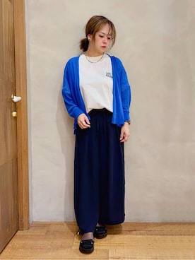 「DRESKIP（ドレスキップ）の【洗える】ひんやりさらっと 大人のシアーカーディガン（カーディガン/ボレロ、ブルー系）」を使った、まるぷ–さんの春コーディネート