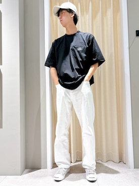 「Dessin（デッサン）の【ユニセックス】ワイドデニム（その他パンツ、ホワイト系）」を使った、ryogo520さん（メンズ・177cm）の夏コーディネート