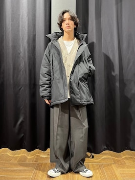 「THE SHOP TK （ザ ショップ ティーケー ）のジャカード モールニット カーディガン（カーディガン/ボレロ、ベージュ系）」を使った、motoさん（メンズ・173cm）の冬コーディネート