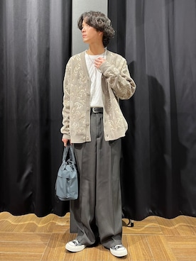 「THE SHOP TK （ザ ショップ ティーケー ）のジャカード モールニット カーディガン（カーディガン/ボレロ、ベージュ系）」を使った、motoさん（メンズ・173cm）の冬コーディネート