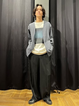 「THE SHOP TK （ザ ショップ ティーケー ）の【CAVIAN/キャビアン】リサイクルシャークスキンノーカラーカーディガン セットアップ可（カーディガン/ボレロ、ブルー系）」を使った、motoさん（メンズ・173cm）の冬コーディネート