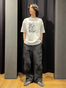 「THE SHOP TK （ザ ショップ ティーケー ）のコード刺繍フォト半袖Tシャツ（Tシャツ/カットソー、ホワイト系）」を使った、motoさん（メンズ・173cm）の春コーディネート