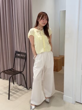 「mystic（ミスティック）のキャップスリーブコットンレースブラウス（シャツ/ブラウス、イエロー系）」を使った、はまちゃんさん（レディース・155cm）の春コーディネート