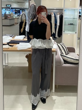 「mystic（ミスティック）の【3サイズ展開】ベルト付き裾レーススラックス（その他パンツ、グレー系）」を使った、はまちゃんさん（レディース・155cm）の夏コーディネート