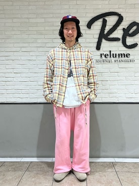 「JOURNAL STANDARD relume（ジャーナルスタンダード　レリューム）のラフカット フェード加工 スウェットパンツ（スウェットパンツ、ピンク系）」を使った、T.shibataさん（メンズ・167cm）の冬コーディネート