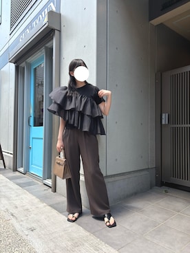 「Futier land（フューティアランド）のシフォンドッキングTシャツ（Tシャツ/カットソー、ブラック系）」を使った、tomoさん（レディース・160cm）の春コーディネート