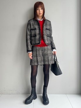 「DRESSTERIOR（ドレステリア）の【セットアップ可】ループグレンチェックノーカラージャケット（ノーカラージャケット、ブラック系）」を使った、本村　実沙子さんの秋コーディネート
