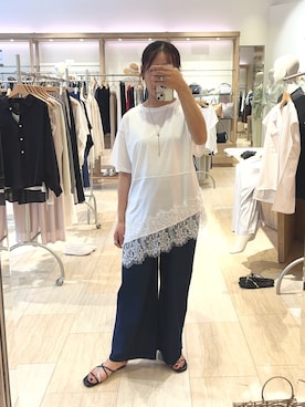 「Jena espace merveilleux(ジェナ エスパスメルヴェイユ)の裾レース切替カットソー(Tシャツ/カットソー、ホワイト系)」を使った、ゆきさん(レディース・156cm)の夏コーディネート