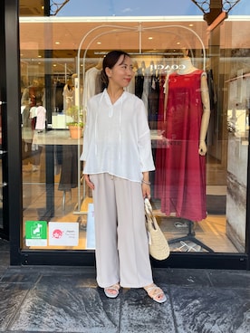 「Jena espace merveilleux(ジェナ エスパスメルヴェイユ)の〈7/22インスタライブご紹介アイテム〉リボン付きスキッパーブラウス(シャツ/ブラウス、ホワイト系)」を使った、ゆきさん(レディース・156cm)の夏コーディネート
