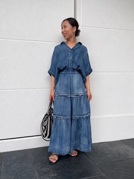 「Jena espace merveilleux(ジェナ エスパスメルヴェイユ)の〈7/17インスタライブご紹介アイテム〉シアーデニムスキッパーシャツ(シャツ/ブラウス、ブルー系)」を使った、ゆきさん(レディース・156cm)の夏コーディネート