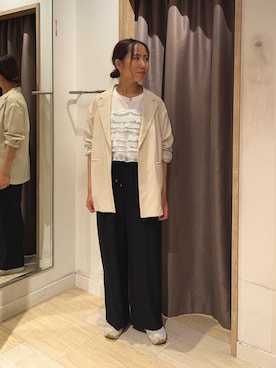 「Jena espace merveilleux(ジェナ エスパスメルヴェイユ)の【一枚で着映える】シアーフリルカットソー(Tシャツ/カットソー、ホワイト系)」を使った、ゆきさん(レディース・156cm)の夏コーディネート