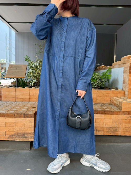 【India Fabric】ピンタックデニムシャツワンピース / 大人カジュアルロング