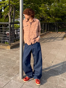 「Zooodle（ズードル）のTab sleeve check shirt - タブスリーブ半袖チェックシャツ -（シャツ/ブラウス、レッド系）」を使った、りゅうせいさん（メンズ・163cm）の夏コーディネート