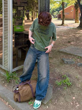 「Zooodle（ズードル）のVintage logo T-shirt - ヴィンテージロゴTシャツ -（Tシャツ/カットソー、グリーン系）」を使った、りゅうせいさん（メンズ・163cm）の夏コーディネート