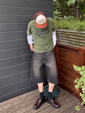 「Zooodle（ズードル）のVintage logo T-shirt - ヴィンテージロゴTシャツ -（Tシャツ/カットソー、グリーン系）」を使った、りゅうせいさん（メンズ・163cm）の夏コーディネート